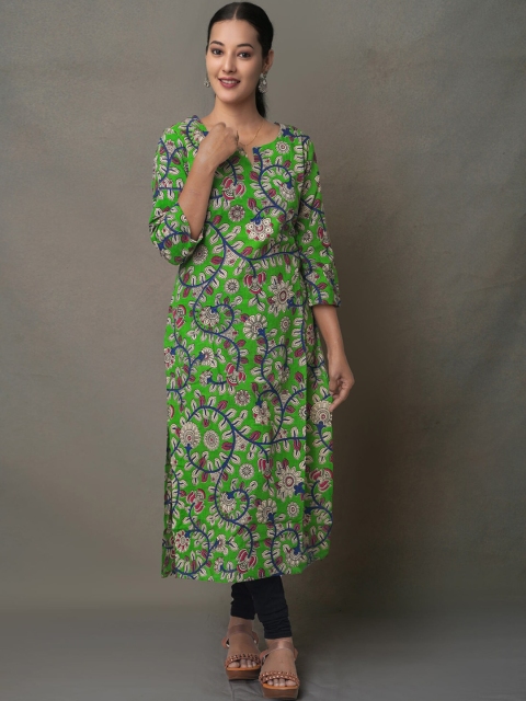 Unnati Silks Women Green & Blue Floral Printed Floral Cotton Kurta