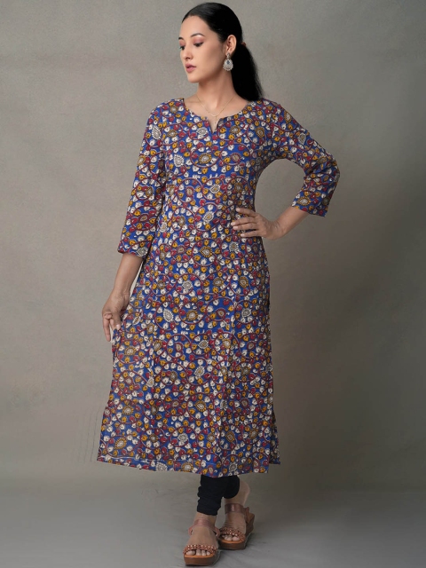 

Unnati Silks Women Blue & Maroon Floral Kalamkari Printed Cotton Handloom Kurta