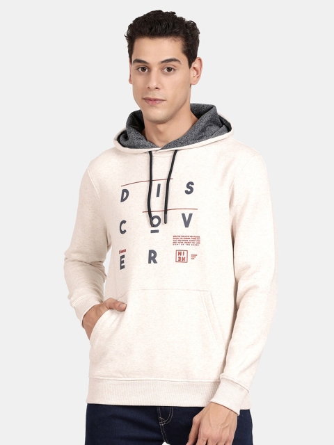 

t-base Men Plus Size Cream-Coloured Printed Hooded Sweatshirt