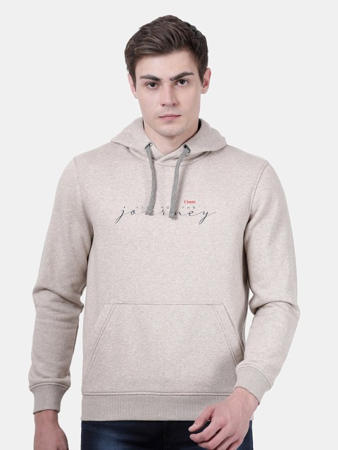 

t-base Men Grey Melange Printed Hooded Sweatshirt
