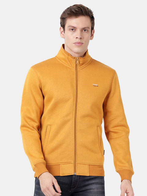 

t-base Men Yellow Solid Fleece Long Sleeves Bomber Jacket