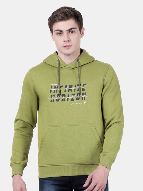 

t-base Men Green Printed Hooded Fleece Sweatshirt