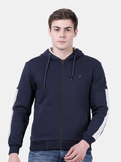 

t-base Men Navy Blue Solid Hooded Fleece Sweatshirt