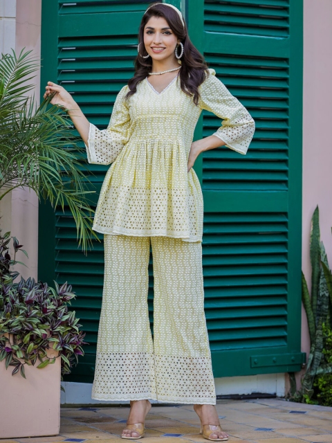 

FASHION DWAR Women Yellow & White Self Design Pure Cotton A-Line Kurti with Palazzos