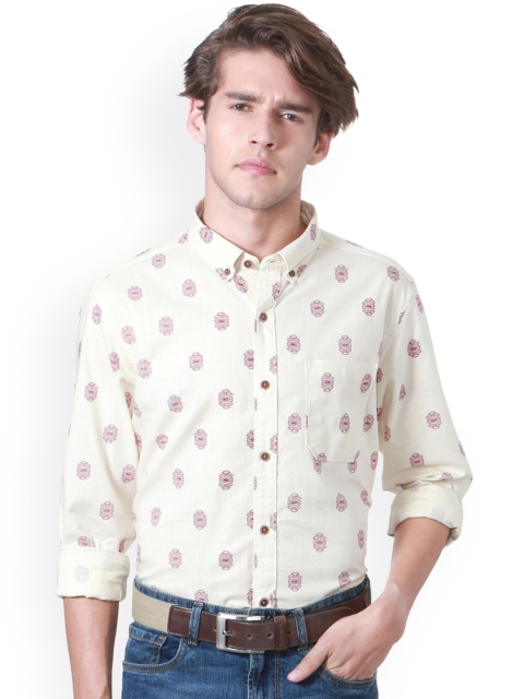 

People Men Cream-Coloured Slim Fit Printed Casual Shirt
