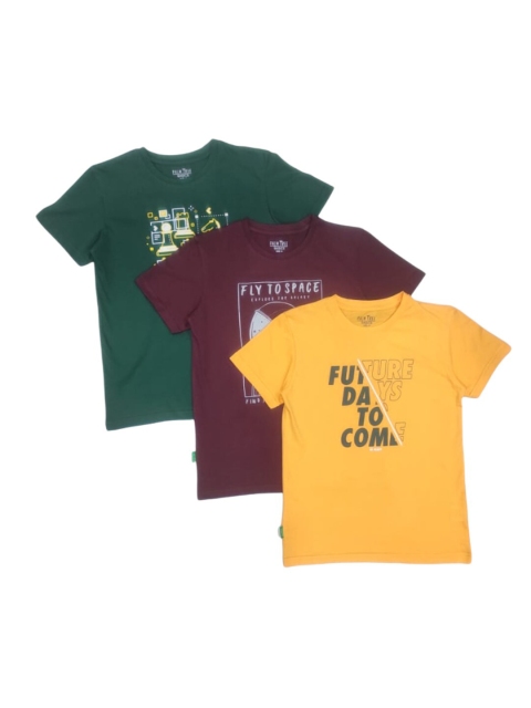 

Palm Tree Boys Pack Of 3 Typography Printed Cotton T-shirts, Yellow