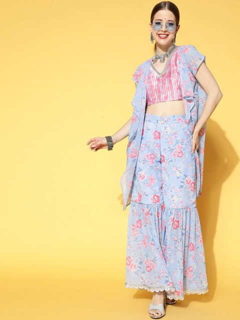 

ZIYAA Women Pink & Blue Striped Crop Top with Floral Sharara & Shrug Co-Ords