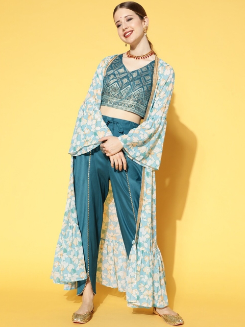 

ZIYAA Women Teal Green & Blue Printed Top with Dhoti Pants & Shrug