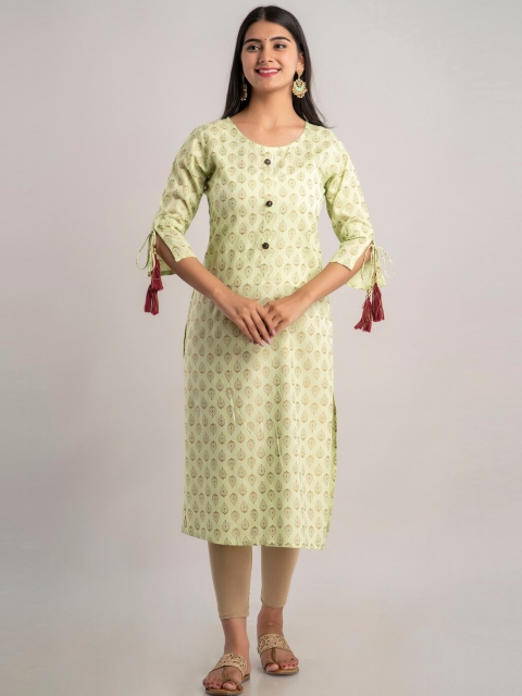 

MAUKA Women Green & Gold-Toned Ethnic Motifs Printed Kurta