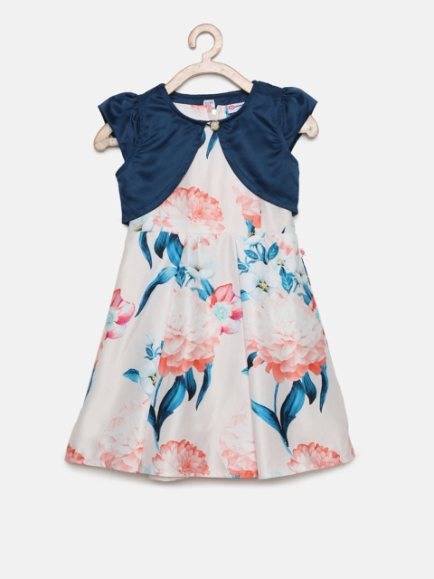 

Peppermint Girls Off-White & Blue Printed Fit and Flare Dress with Shrug
