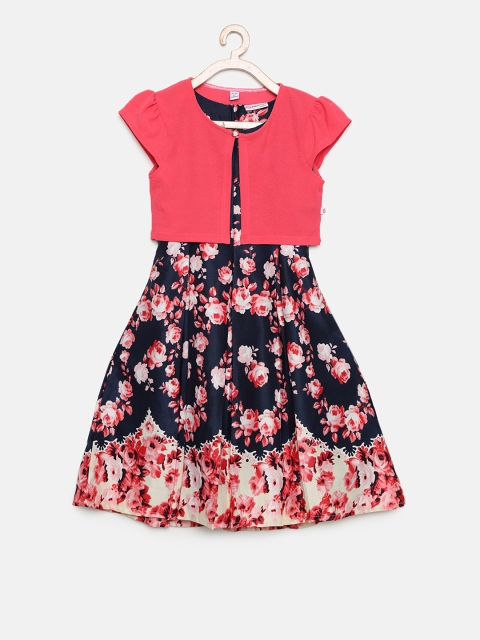 

Peppermint Girls Navy & Pink Printed Fit & Flare Dress with Shrug, Navy blue