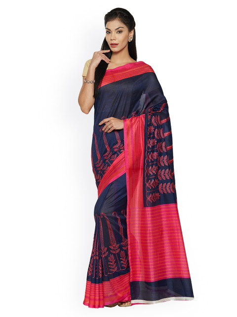 

Saree mall Navy & Pink Silk Cotton Embroidered Bhagalpuri Saree, Navy blue