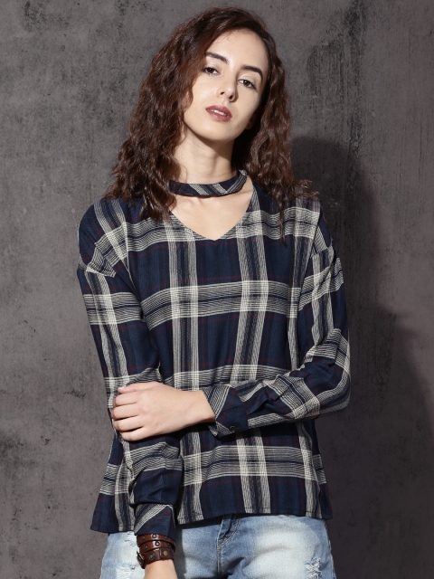 

Roadster Women Navy & Off-White Checked Top, Navy blue