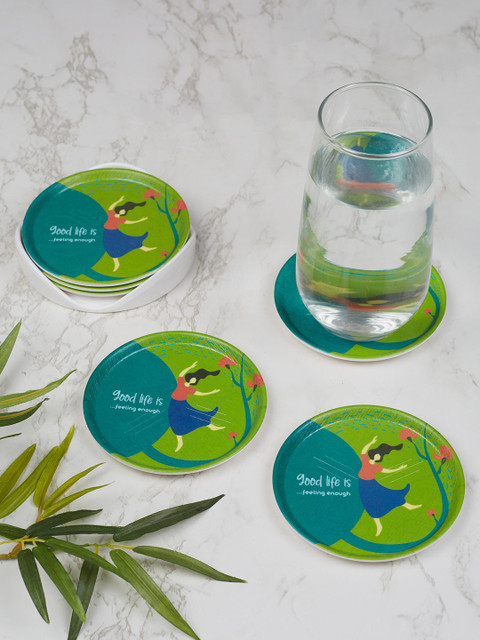 

HomeTown Set Of 6 Green & Blue Printed Coasters With Stand
