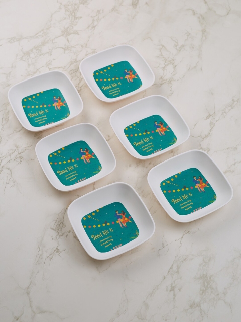 

HomeTown Set Of 6 White & Green Printed Serveware