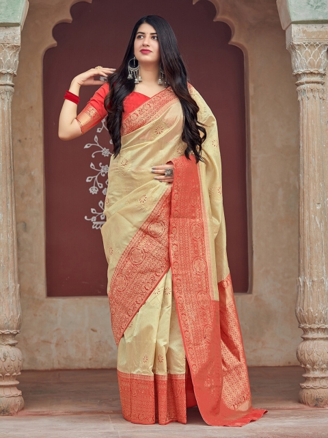 

MONJOLIKA FASHION Beige Woven Design Zari Silk Blend Banarasi Saree