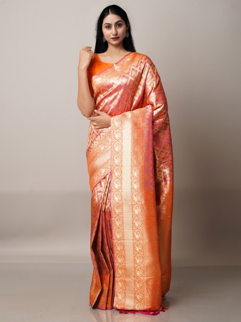 

Unnati Silks Orange & Gold-Toned Ethnic Motifs Zari Silk Blend Banarasi Saree