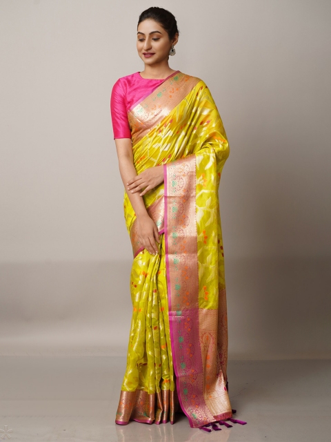 

Unnati Silks Green & Pink Woven Design Zari Silk Blend Banarasi Saree