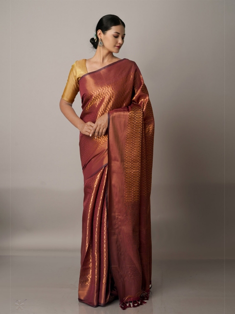 

Unnati Silks Brown & Copper-Toned Woven Design Zari Silk Blend Banarasi Saree