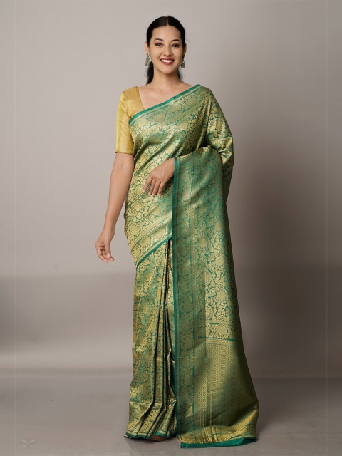 

Unnati Silks Green & Gold-Toned Woven Design Zari Banarasi Saree
