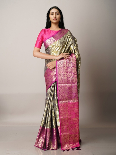 

Unnati Silks Grey & Pink Woven Design Zari Silk Blend Banarasi Saree