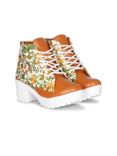 

Krafter Women Tan Brown & White Synthetic Leather Block heels Boots