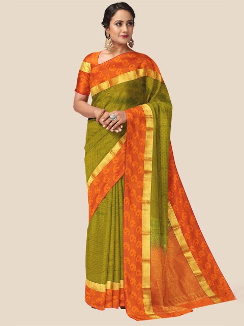 

Kalamandir Green & Orange Woven Design Zari Silk Blend Saree