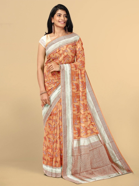 

Kalamandir Orange & White Floral Printed Silk Blend Zari Saree