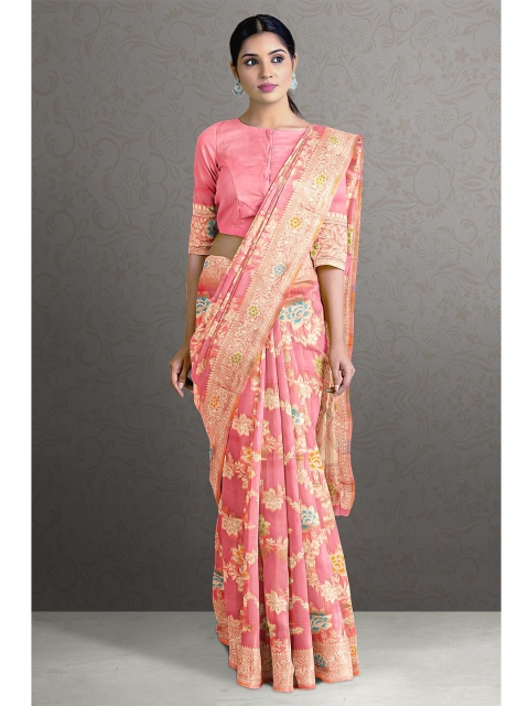 

Kalamandir Pink & Blue Floral Zari Silk Blend Saree