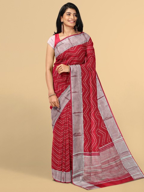 

Kalamandir Women Red & White Bandhani Zari Silk Blend Saree