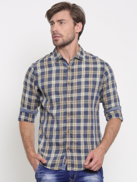 

Being Human Men Beige & Navy Blue Slim Fit Checked Casual Shirt