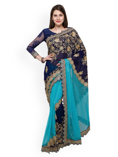 

Aasvaa Blue & Gold-Toned Georgette Embellished Saree