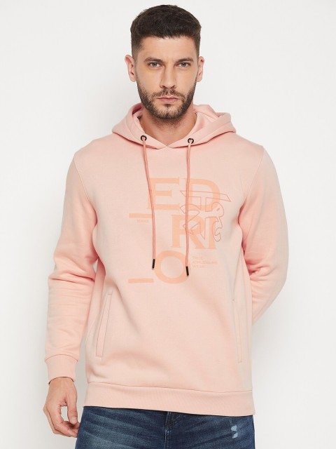 

EDRIO Men Peach-Coloured Printed Hooded Sweatshirt