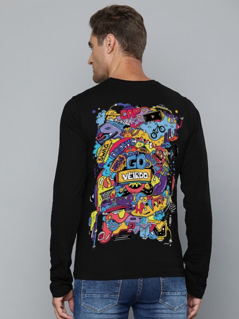 

VEIRDO Men Black Printed Extended Sleeves Cotton T-shirt