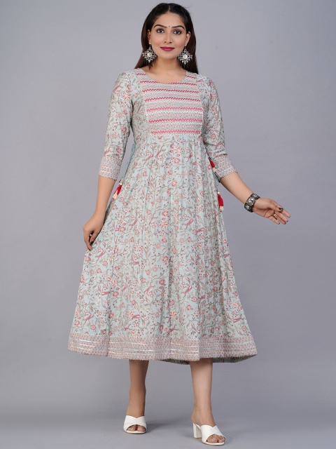 

PREKSHA Women Grey & Pink Floral Printed Thread Work A-Line Kurta