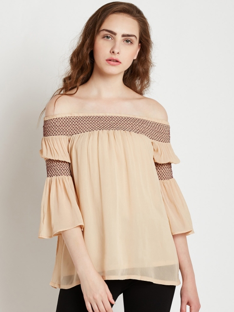 

COVER STORY Women Beige Solid Bardot Top