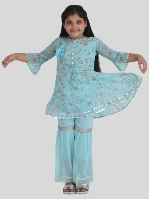 

Elendra jeans Girls Blue & Pink Floral Printed A-Line Kurta with Sharara