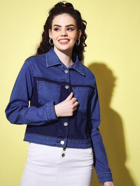 

The Dry State Women Blue Colourblocked Crop Cotton Denim Jacket