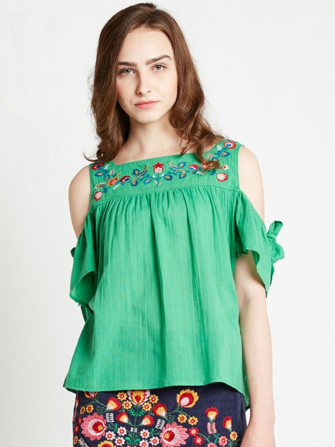 

COVER STORY Women Green Solid Pure Cotton Top with Cold Shoulder Detail
