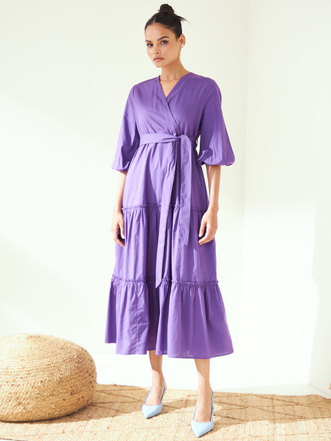 

Femella Purple Cotton Wrap Midi Dress