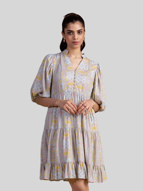 

Femella Blue & Yellow Printed Layered Dress