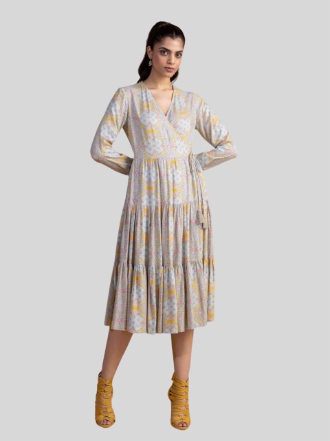 

Femella Blue & Yellow Printed Wrap Layered Midi Dress