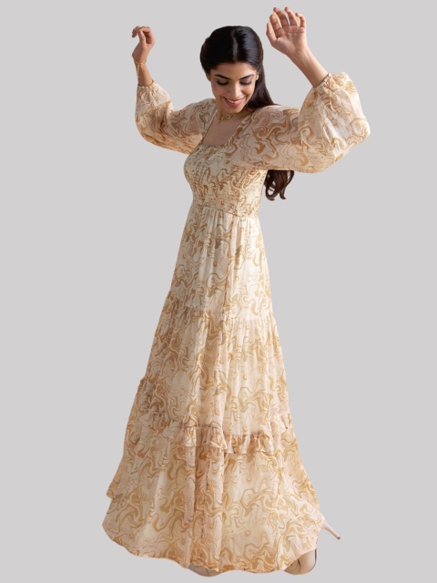 

Femella Mustard Yellow & Off White Layered Chiffon Maxi Dress