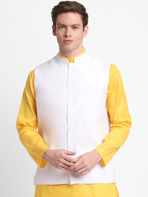 

DEVOILER Men White Solid Woven Nehru Jacket