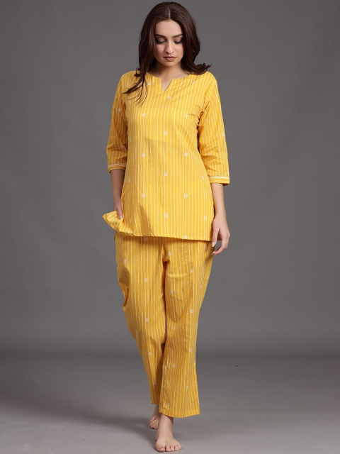 

JISORA Women Yellow & White Striped Pure Cotton Co-Ords