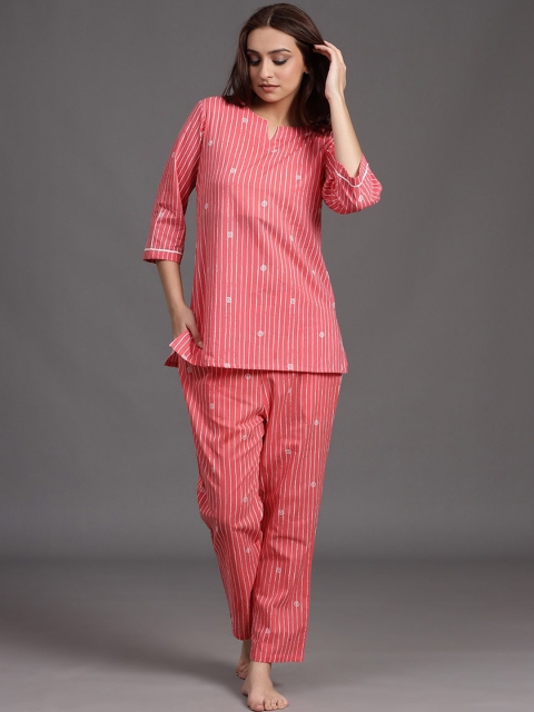 

JISORA Women Pink & White Printed Pure Cotton Co-Ords