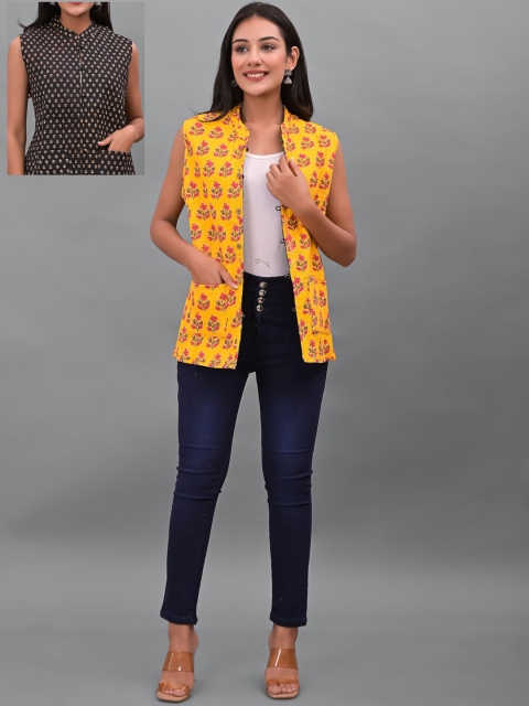 

Apratim Women Black Yellow Floral Reversible Longline Cotton Jacket