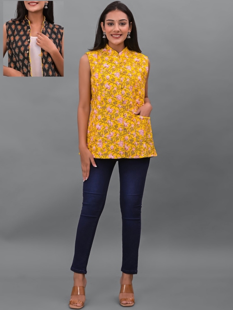 

Apratim Women Yellow Black Floral Reversible Longline Longline Cotton Jacket