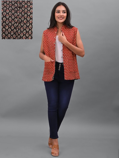 

Apratim Women Black Rust Geometric Reversible Longline Tailored Cotton Jacket
