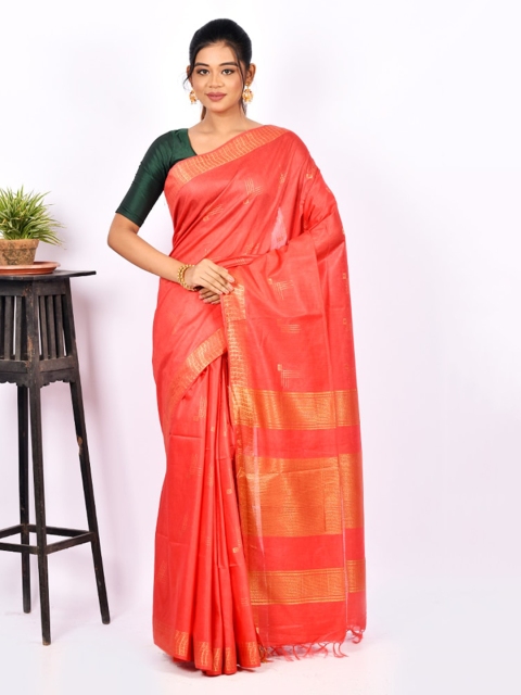 

AllSilks Red & Gold-Toned Silk Blend Woven Saree